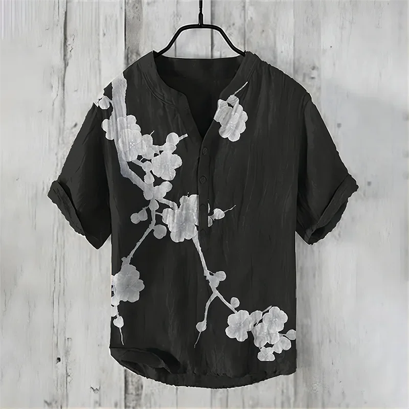 2024 summer fashion Men's v-neck button up Japanese art print short sleeved T-shirt Henley casual shirt