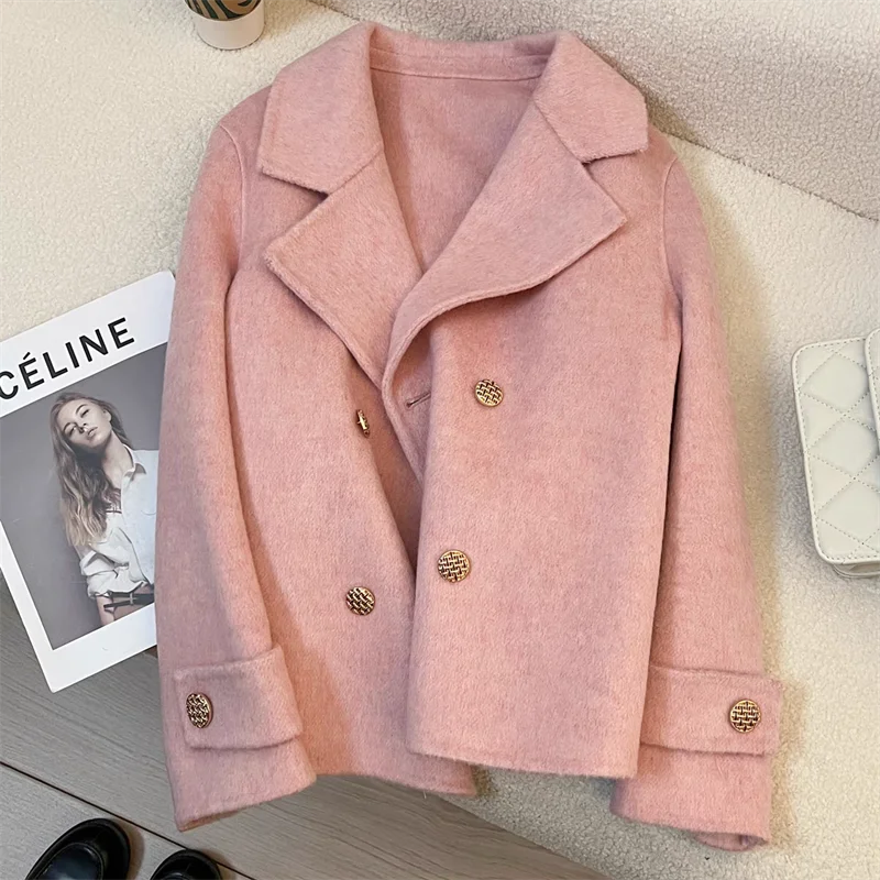 

High-Quality Wool Jacket Women Spring Autumn 2024 New Double-Sided Woolen Coat Fashion Outwear Suit Collar Overcoat Female Tops