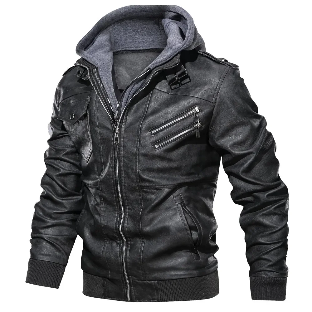 Capuchon Lederen Jas Streetwear Biker Coat Slim Fit Herfst Winter Jas Mannen Bont Gevoerde Mannen Motorjas Mode Heren Jas