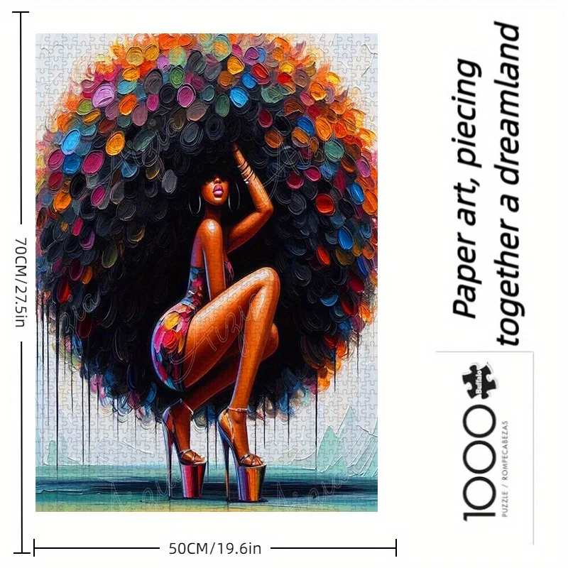 1000ピースのアフリカ系アメリカ人女性パズル、ふわふわの巻き毛とハイヒールをあしらった鮮やかな抽象画、高品質の厚紙素材