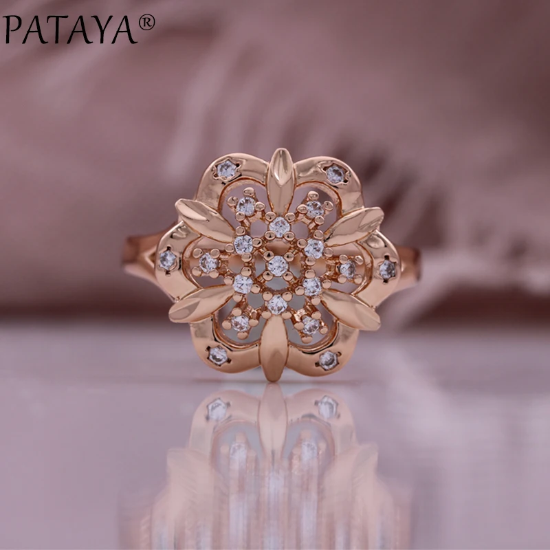 PATAYA 585 Rose Gold Color Round Flower Cubic Zircon Earrings Rings Sets Necklace Chain Jewelry 2024 New Set for Women