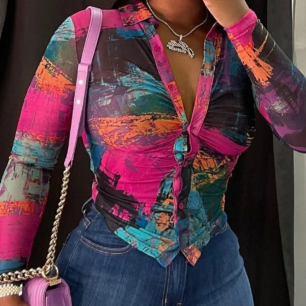 

Spring Summer Women's New Fashionable Color Printed Long Sleeved Single Breasted Sexy Deep V Spicy Girl Top