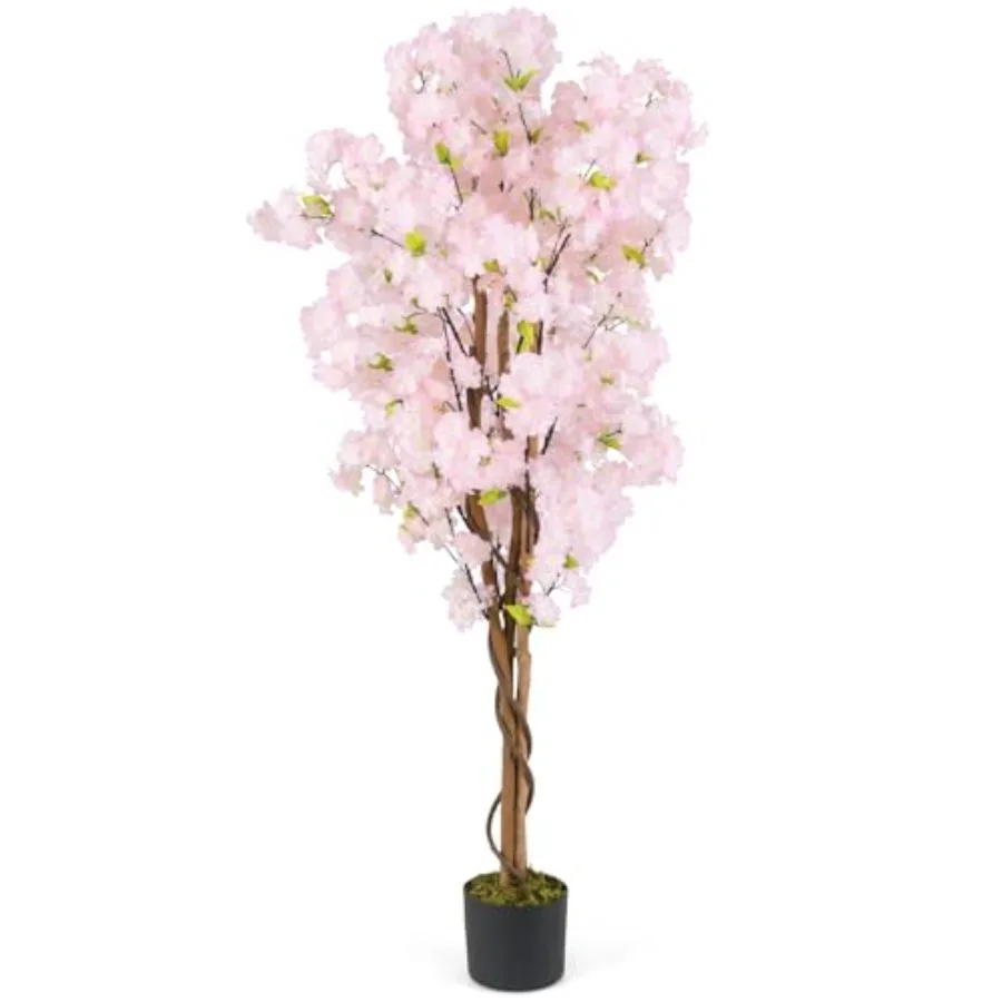Indoor home office porch decoration: pink faux cherry blossom tree, 5FT tall artificial floral plant in nursery pot, silk petal