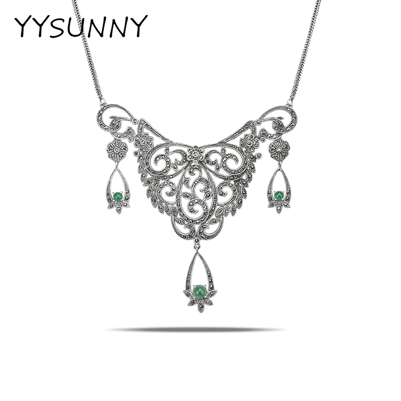 

YYSUNNY Green Onyx Necklace 925 Sterling Silver Women Marcasite Pendant Vintage Dubai Wedding Jewelry Accessories