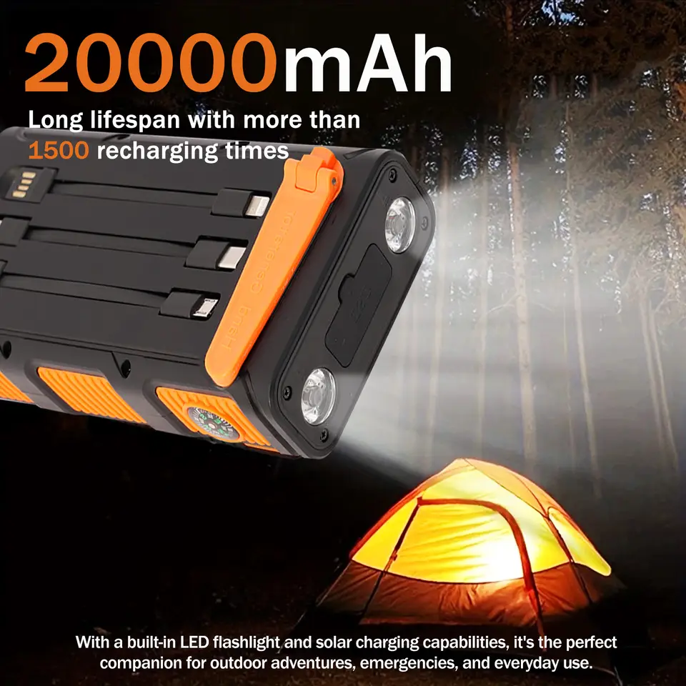 20,000mAh Solar Power Bank with 20W Fast Charging and Hand-Crank Generator