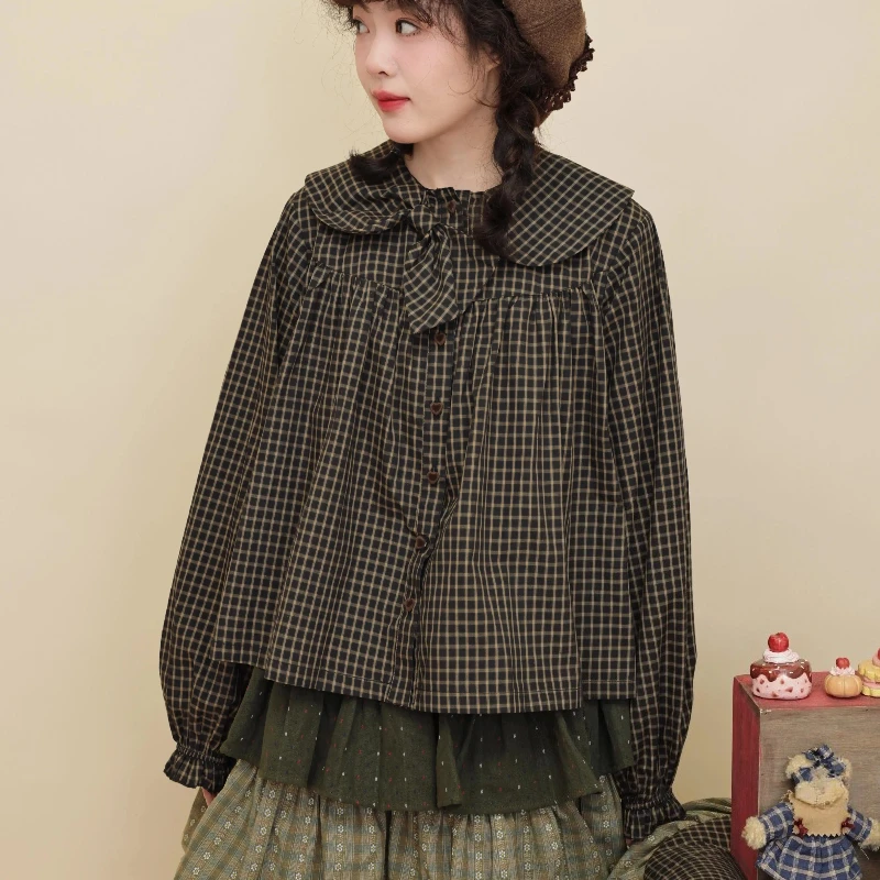 الأصلي الرجعية تصميم فتاة الأخضر الداكن منقوشة القوس طوق قميص نسائي 2025 الخريف جديد Y2k تنوعا Ruched قمصان فضفاضة السيدات #4