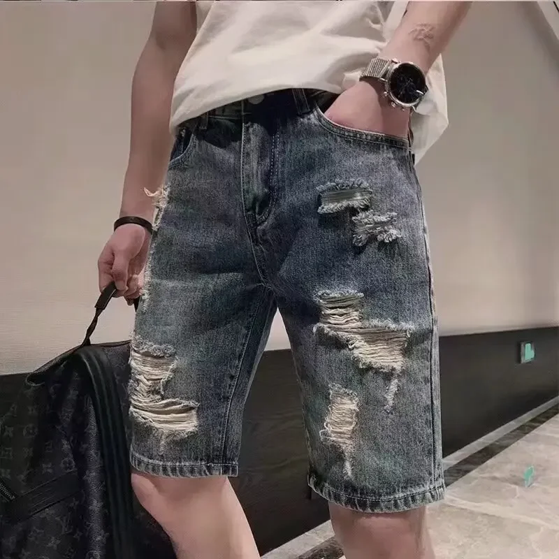 Summer New Men Light Blue Hole Patched Wide Leg Knee Length Simple Basic Casual Trendy Daily Denim Shorts Male Bottom Clothes