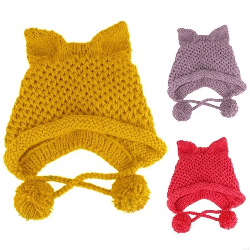 المرأة الشتاء مكتنزة قبعة متماسكة قبعة لطيف ثلاثية الأبعاد لآذان القط بلون يندبروف قبعة الأذن الدافئة مع حزام الذقن