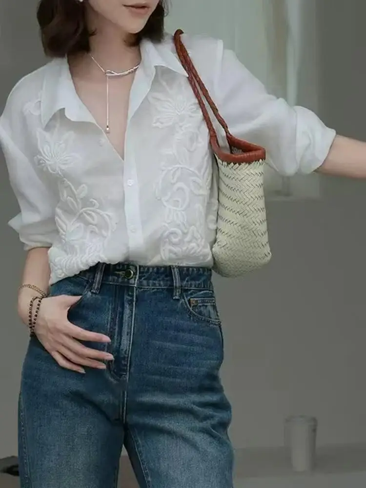 Wczesna Jesień, Ciężki Haft, Biała Bluzka, Damska, Ekskluzywna Europejska Moda, Unikalna, Elegancka, Piękna Bluzka