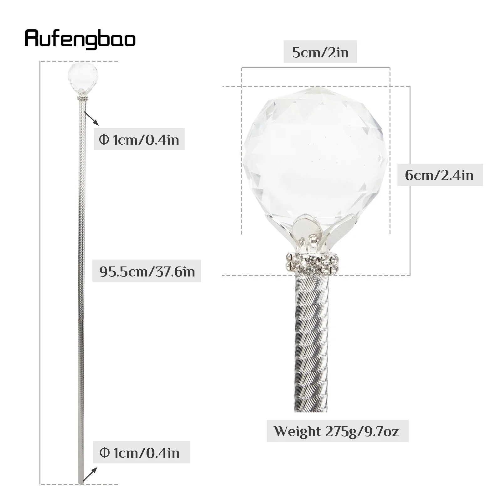 Bacchette da fata in lega di vetro bianco con sfera di cristallo per ragazze Bacchette da principessa Bacchetta da angelo per bambini Festa Cosplay Matrimonio Festa di compleanno 91 cm