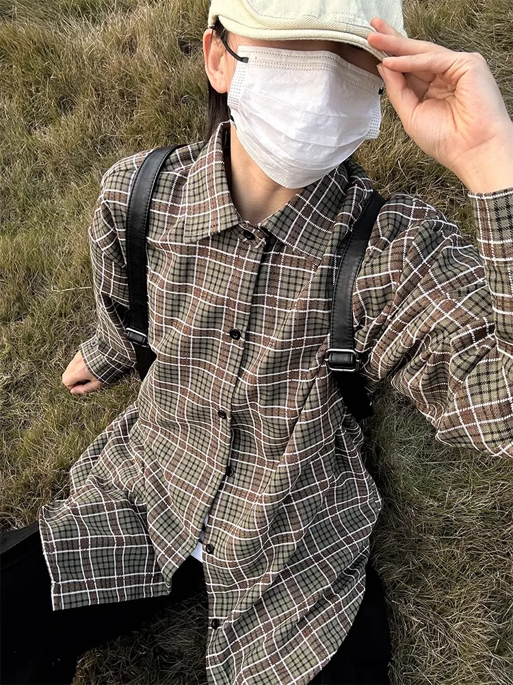 

Early Haome Brown Plaid Long Sve Men's irt Spring Trendy Brand Casual Outerwear Breathable Polyester Cotton Blend