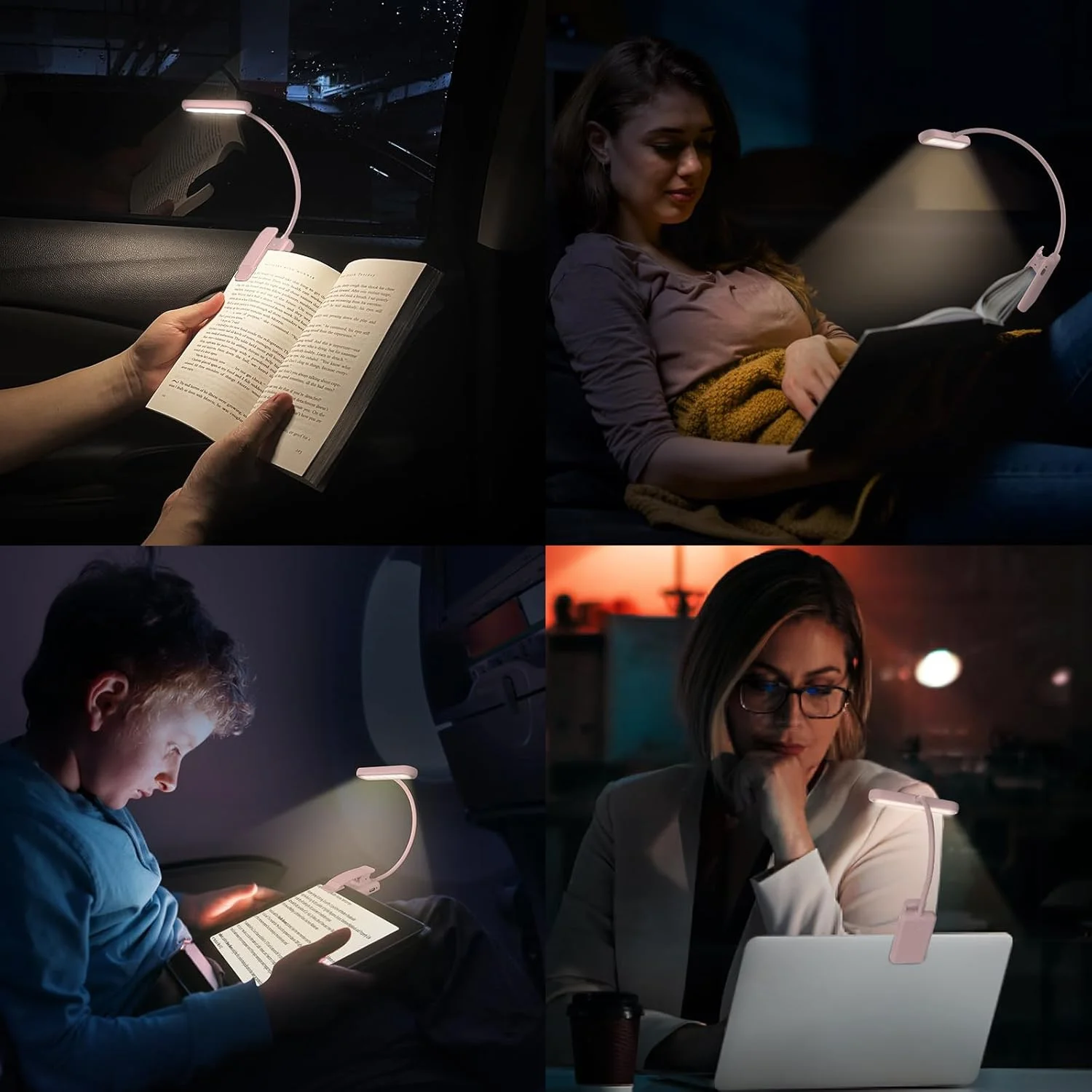 Reading Lamp Book Clamp Black/White/Pink USB Rechargeable Battery 600mAh Flexible Gooseneck Clip Light 10 Brightness Dimmable view 6