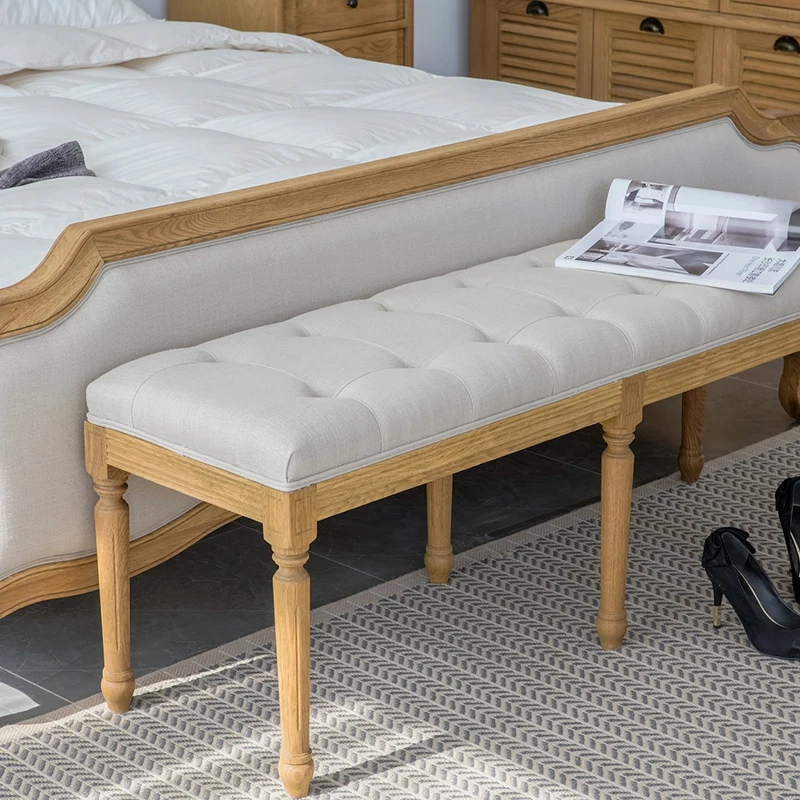 

Solid wood oak footstool linen fabric bedside stool can be customized shoe changing stool bedroom cloakroom
