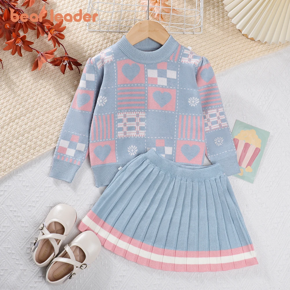 Bear Leader Girls Sweater Sets 2023 Autumn/Winter Knit Set Girls Geometric Printed Knit Top+Striped Pleated Skirt Two Piece Set