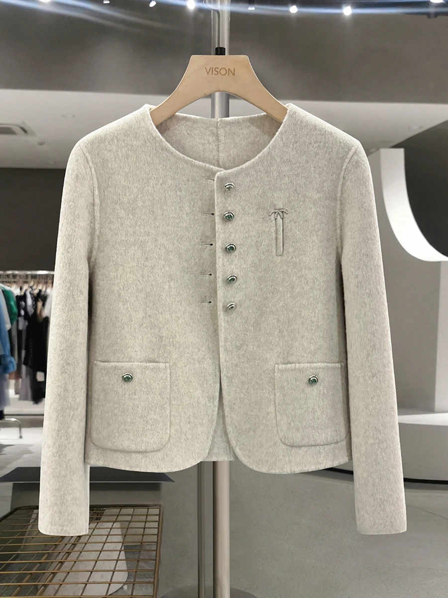 

Модное однотонное шерстяное пальто малого размера для женщин, двустороннее, с пуговицами, для повседневной носки, стандартный крой