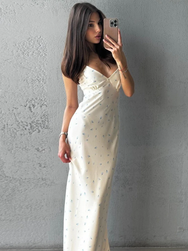 FDYOUI 花柄プリントロングドレス レディース Y2K ストリートウェア 2025 夏 ノースリーブ Vネック ハイウエスト スリット入り バケーション パーティー ドレス