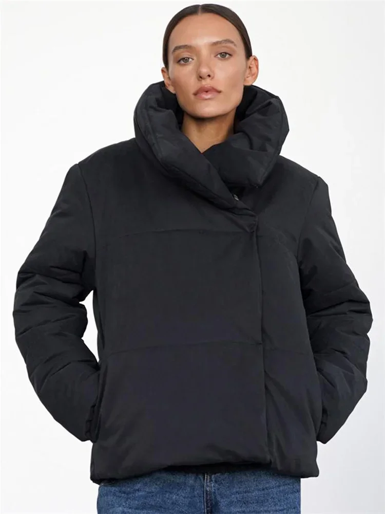 

Winter Warm Parkas Overcoat For Women Patchwork Solid Turtleneck Pocket Casual Long Sleeve Coat 2025 Female Commute Parkas
