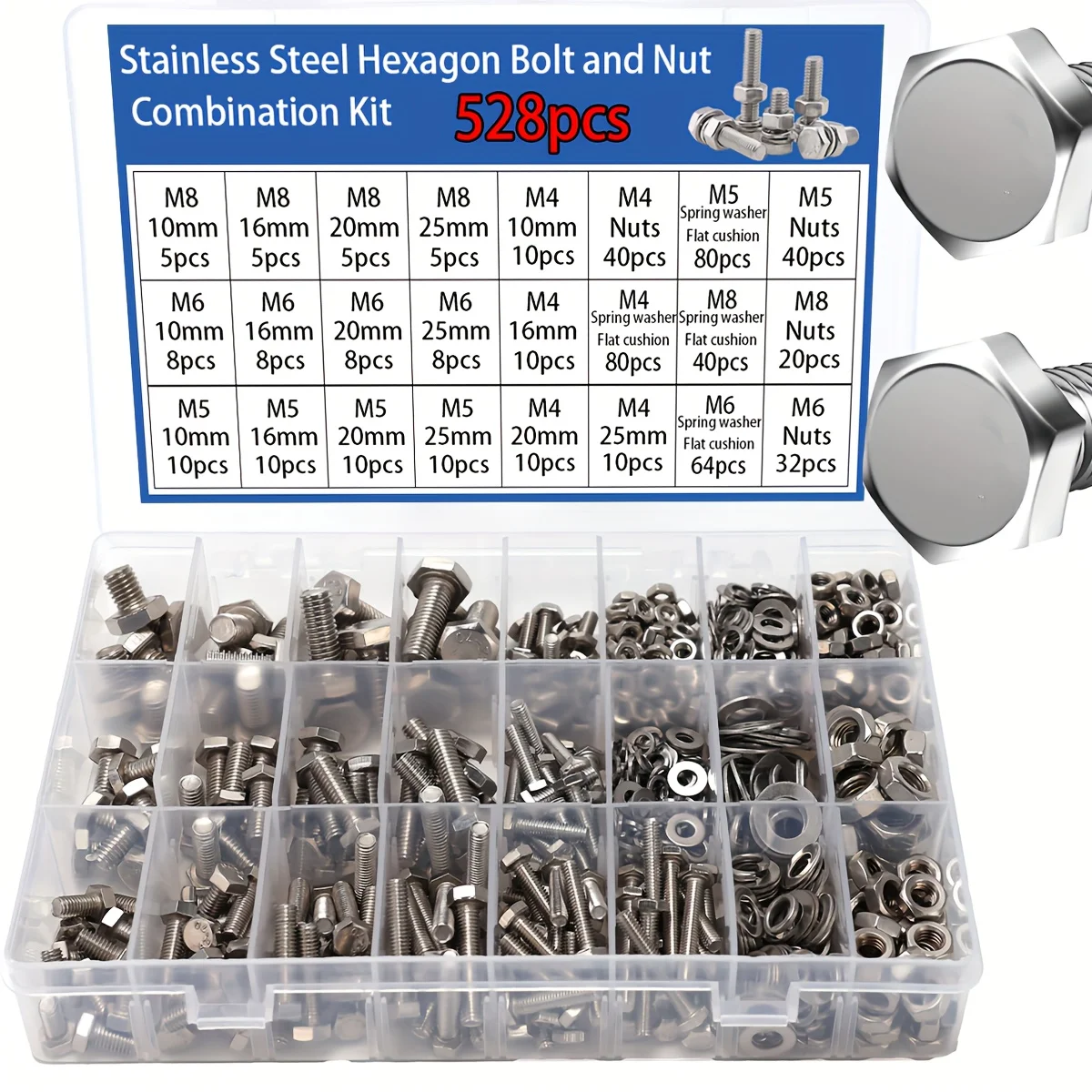 Stainless steel hexagonal bolt screw nut set hexagonal screw hexagonal nut flat spring washer hand tool screw set,