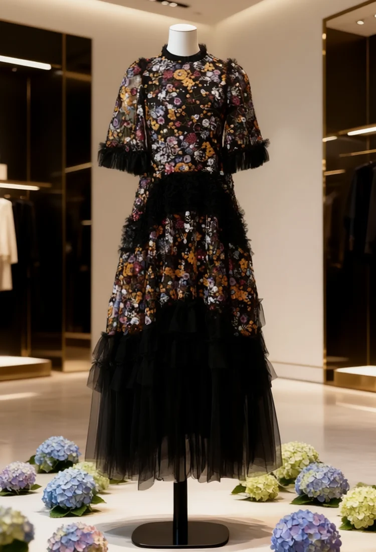 Women's Black Sequined Floral Embroidered Ruffle Tulle Maxi Dress, Elegant High Neck Gown with Tiered Skirt for Evening Party view 6