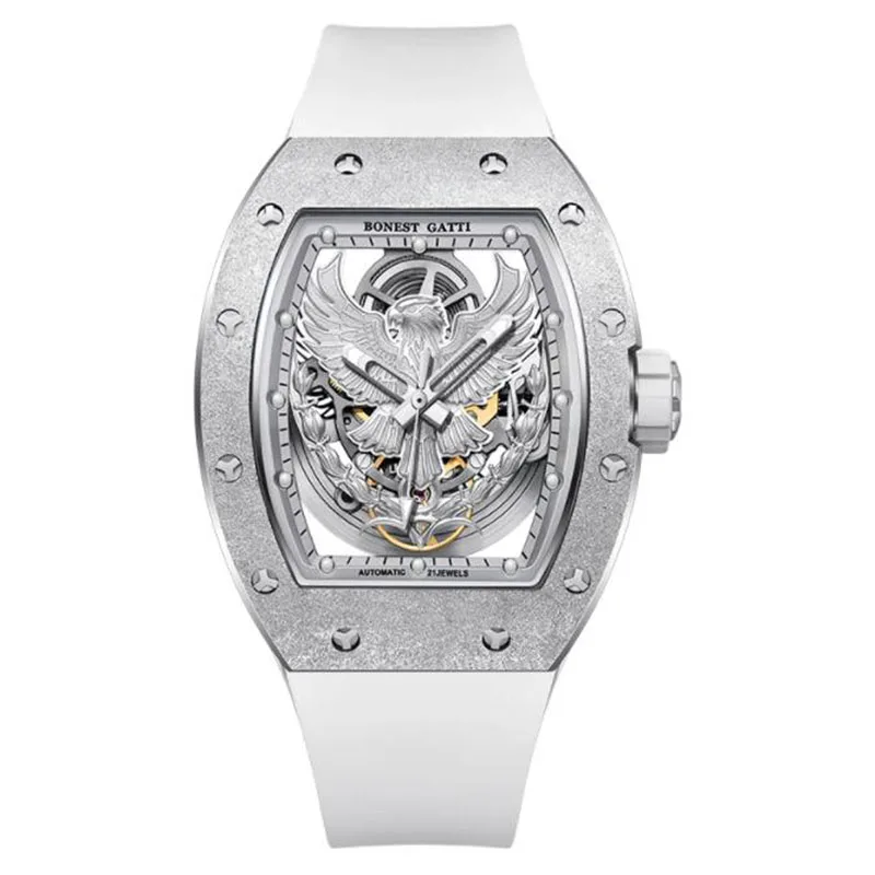BONEST GATTI ساعة أوتوماتيكية للرجال 50 مللي متر Tonneau ساعة اليد الميكانيكية الياقوت مضيئة الهيكل العظمي النسر الهاتفي حزام مطاط الفلور