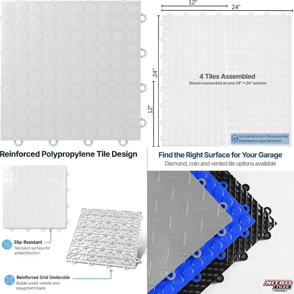 

12 x 12 Heavy-Duty Interlocking Garage Floor Tiles, Coin Pattern Polypropylene, Non-Slip, White, 24-Pack, 24 Sq/ft