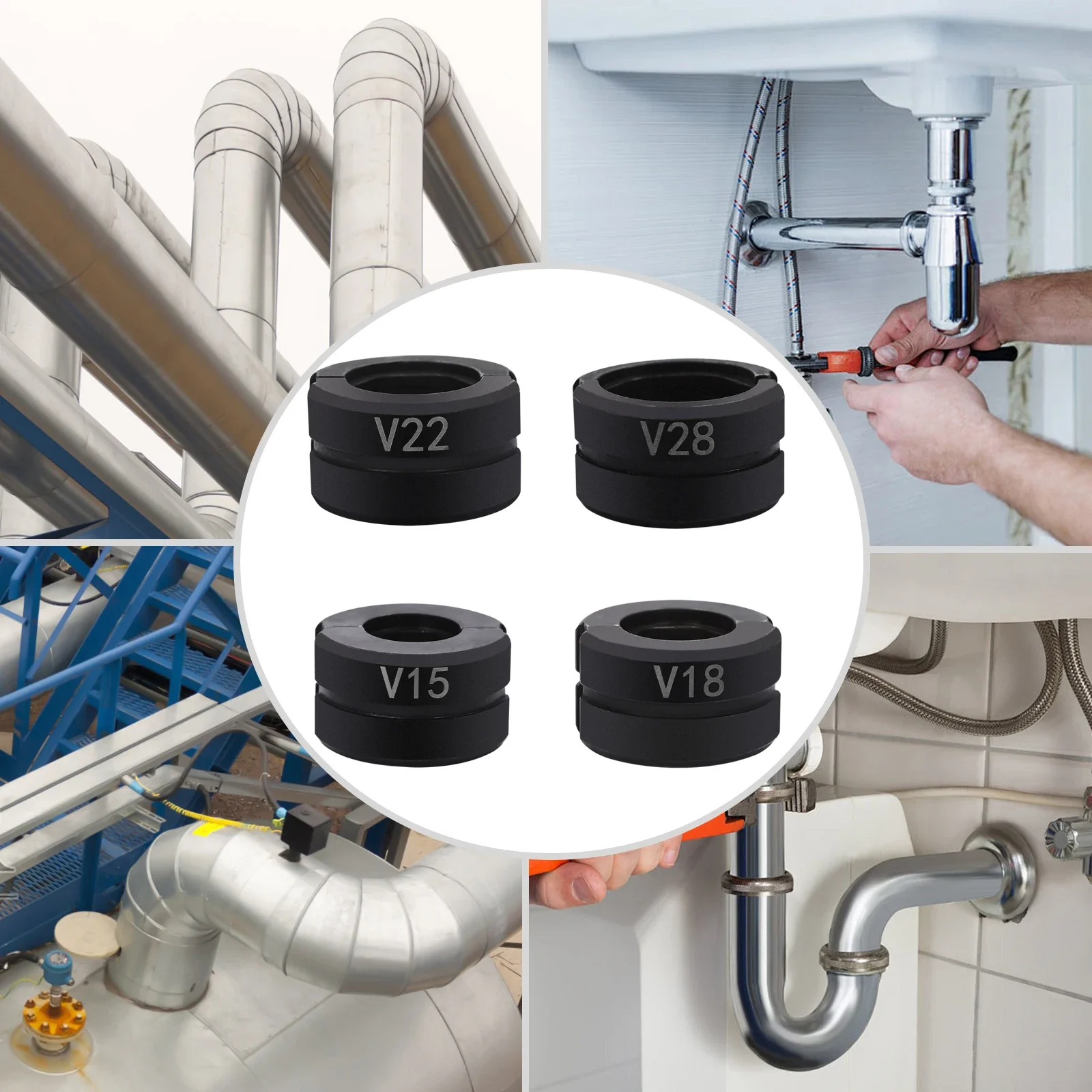Immagine 4: Set di 4 Pezzi di Teste a V per Crimpatura da 15/18/22/28mm, Pinze per Pressatura Tubi, Set di Teste per Pressatura Tubi, per Crimpatura Tubi in Rame