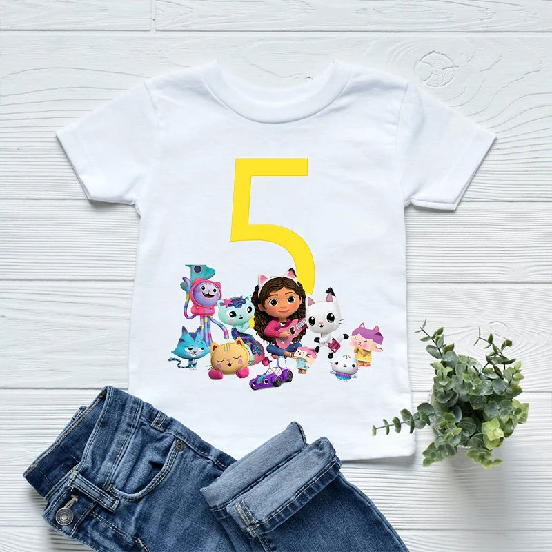 2022 Fashion Kids Tshirts 2-12 Years Old Birthday Number Gabbys Doll House Cartoon Print Girls T-Shirts Birthday Party Clothing