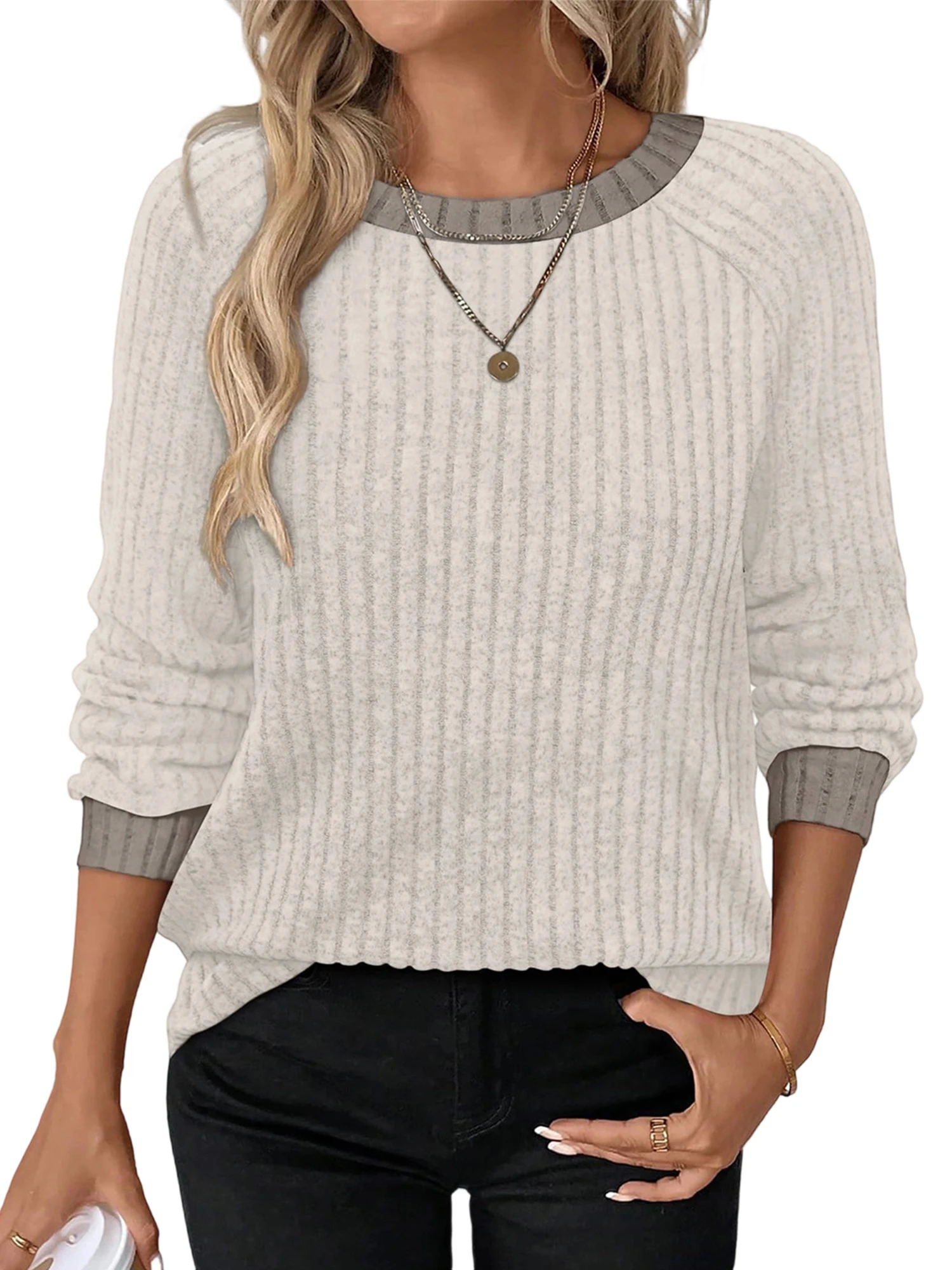 

Women T-shirt Long Sleeve Crew Neck Contrast Color Ribbed Ladies Fall Tops Streetwear