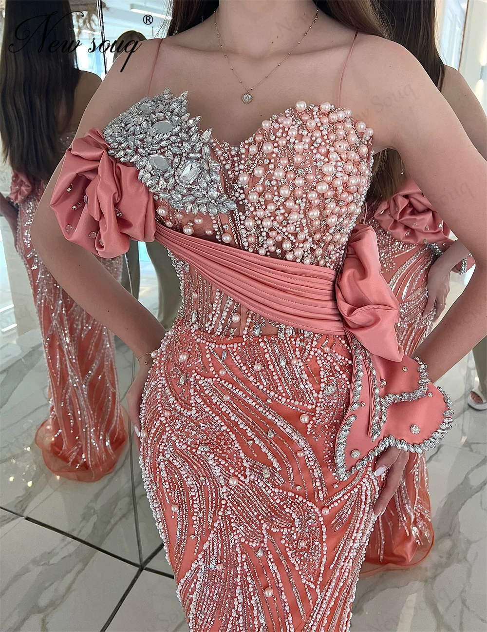 

Pink Mermaid 2025 Prom Dresses Coutures Dubai Beaded Party Gowns Birthday Cocktail Pearls Evening Dress Customized Bridal Dress