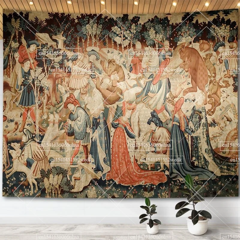 Medieval Unicorn Tapestry Wall Hanging For Home Decor Paintings Retro Hippie Tapestries Aesthetic Background Yoga Meditation