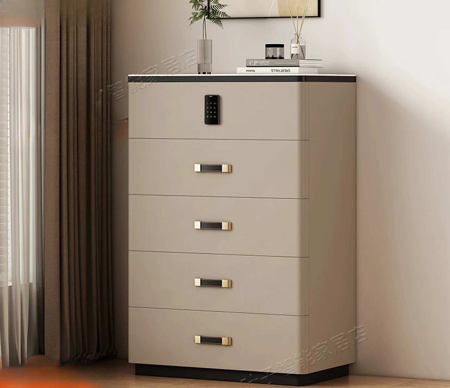 Solid wood 5-drawer chest storage cabinet - minimalist storage unit with combination lock
