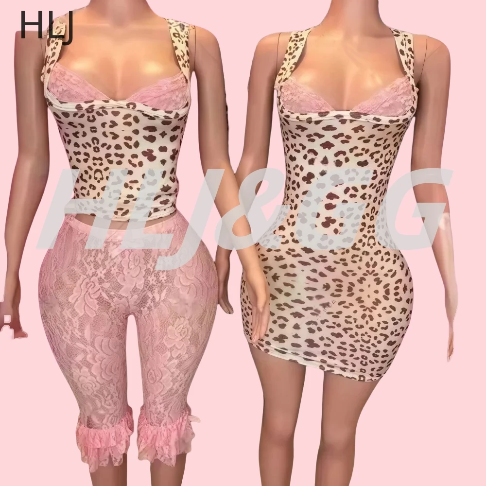 

HLJ Leopard Print Women Dress Sexy Lace Square Collar Sleeveless Stretch Skinny Midnight Street Hottie Fashion Mini Dress 2025