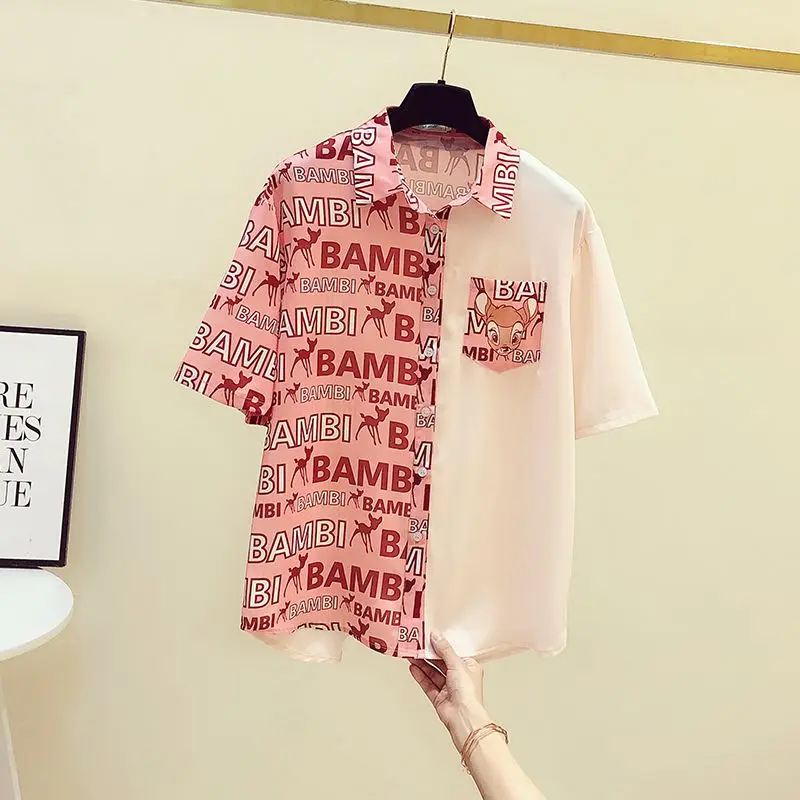 Contrast Floral Blouse Summer New Polo Neck Short Sleeve Loose Printing Youth Trend Shirt Tops Fashion Vintage Women Clothing