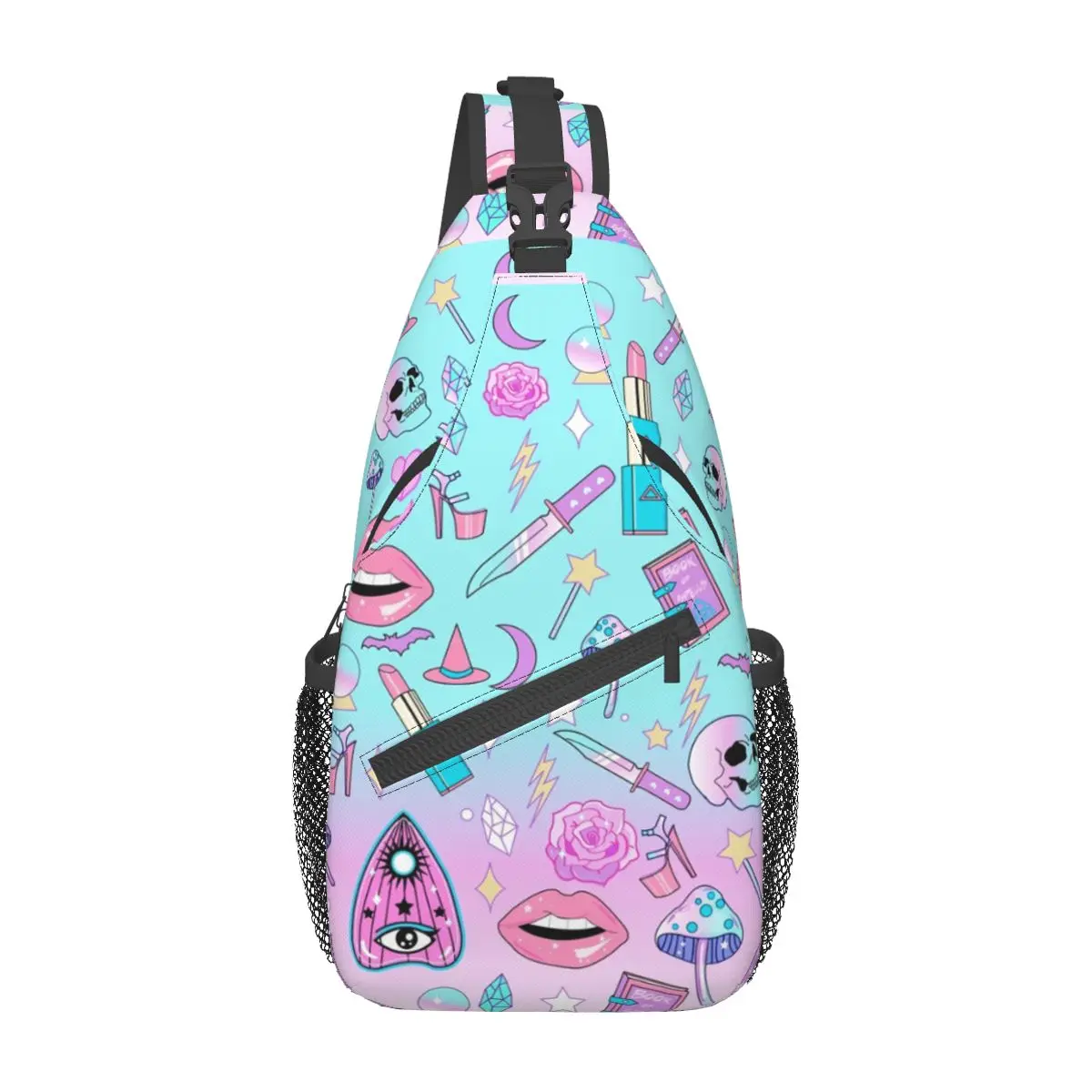 Girly Pastel Witch Sling Bags Chest Crossbody Shoulder Backpack Hiking Travel Daypacks Goth Pattern School Bags