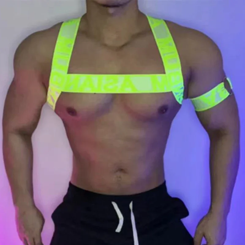 الفلورسنت اللون الجوف الأشرطة الرجال ضمادة شريط للصدر ملهى ليلي Dj Gogo زي القطب الرقص اكسسوارات المرحلة الزي XS4632