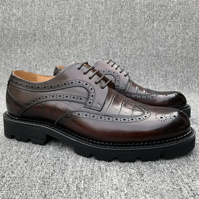 

2024 Spring And Autumn New Men's Formal Shoes Genuine Leather Thick Sole Block Carved Business Casual Shoes