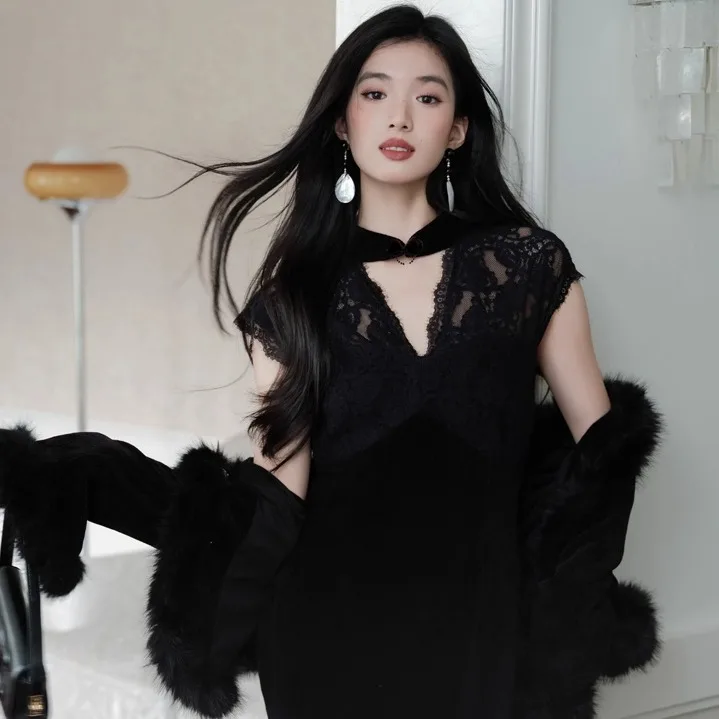 

Miss Qianzi Thiened Lace Slim Fit Fi Tail Qipao Fur Coat Luxury Autumn Winter Outerwear Ele French Sle Casual Faion