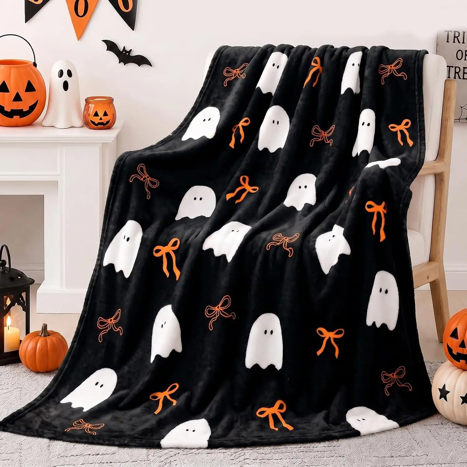 Mocsicka Halloween Ghost Throw Blanket (50x59 inch, Boo & Orange Bow) |   Cute Ghost Bow Soft Washable Blanket for Bed Couch Chair, Home Living Room Decor
