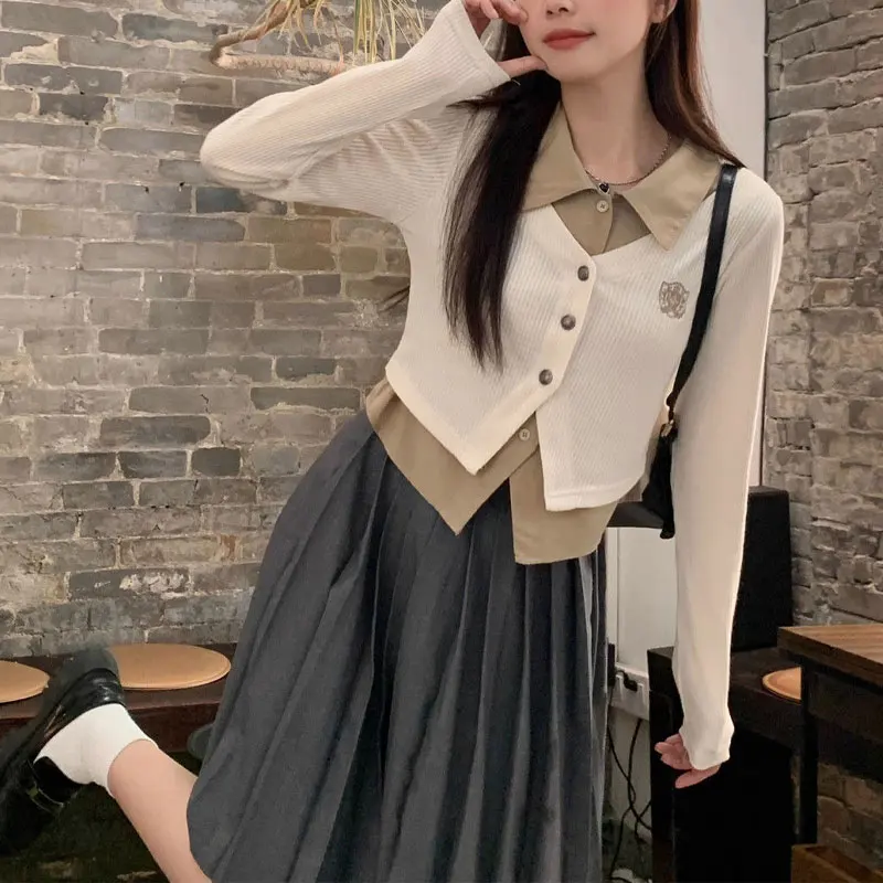 Preppy Style Knitted Patchwork Blouse 2024 Spring Autumn Fake Two Pieces Female Clothing Polo-Neck Slim Stylish Embroidery Shirt