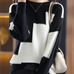 Women O-Neck Long Sleeve Cashmere Warm Sweater Patchwork Knit Thermal Pullovers Loose Casual Sweater Women Autumn Winter