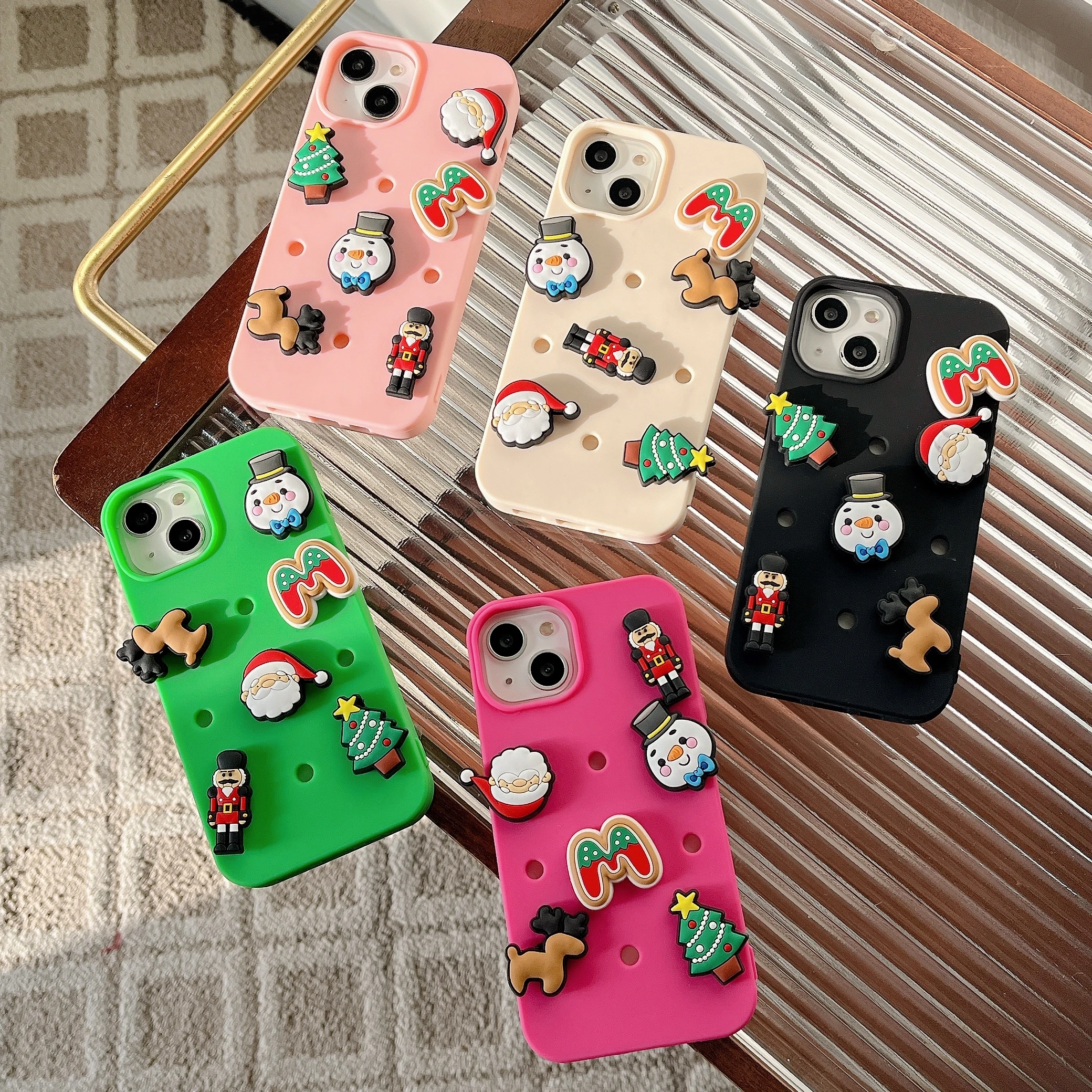 Hollow Out Holes DIY Case for iPhone 15 14 13 12 11 Pro Max 3D Cute Dolls Christmas Tree Elk Deer Snowman Xmas Santa Claus Cover