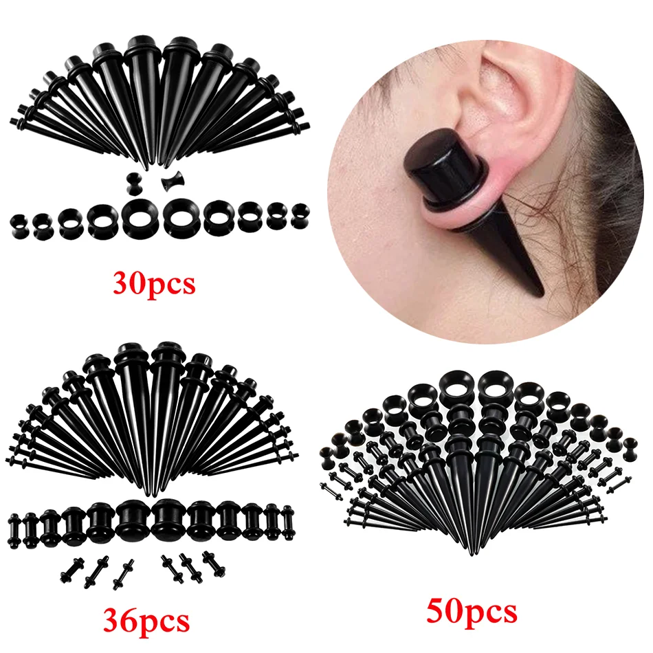 30-50pcs 14G-00G Acrylic Ear Gauge Taper Stretching Kits Black Clear Purple Ear Tunnel and Plug Expansion Body Piercing Jewelry