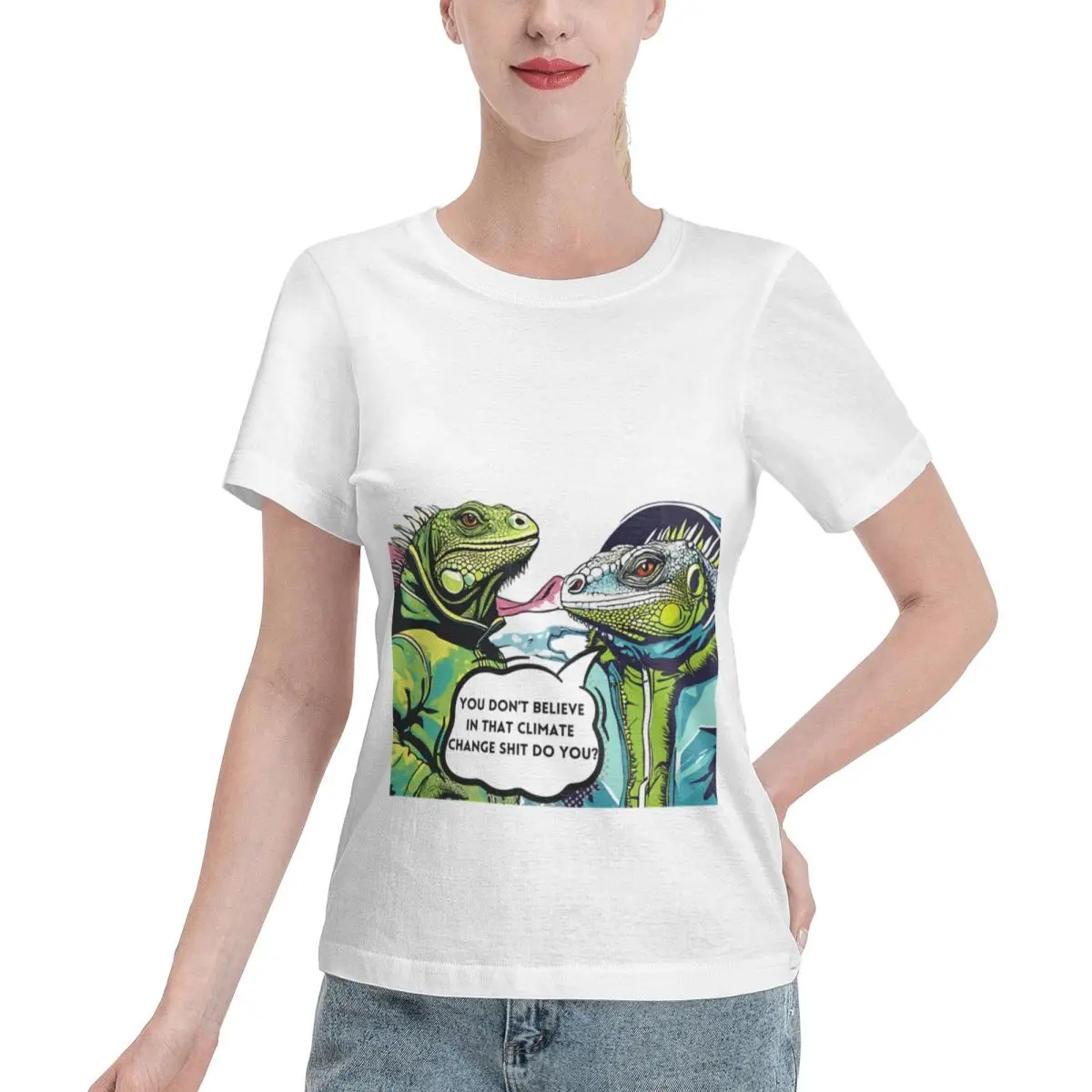 Fast Shipping Pop Art Pop Culture Climate Change Political Whimsical Iguana Parody Women's T-shirt Basic Women Short Sleeve Top
