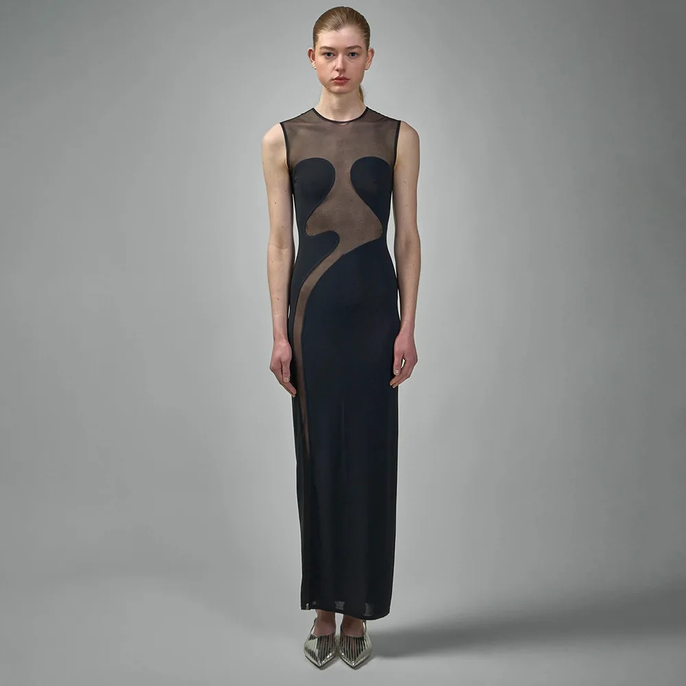 Vestido largo vintage con cuello redondo y cremallera trasera de malla, elegante vestido de columna ajustado sin mangas para cóctel de graduación y fiesta de cumpleaños