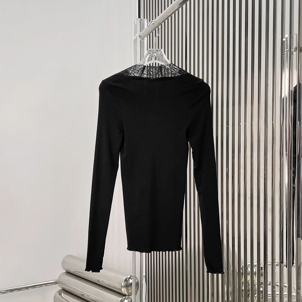 Cotton-Blend Lace-Panel Women's Cardigan, Elegant Commuter Single-Breasted Long-Sleeve Knit Top Sweater 2025 Winter New Y2K