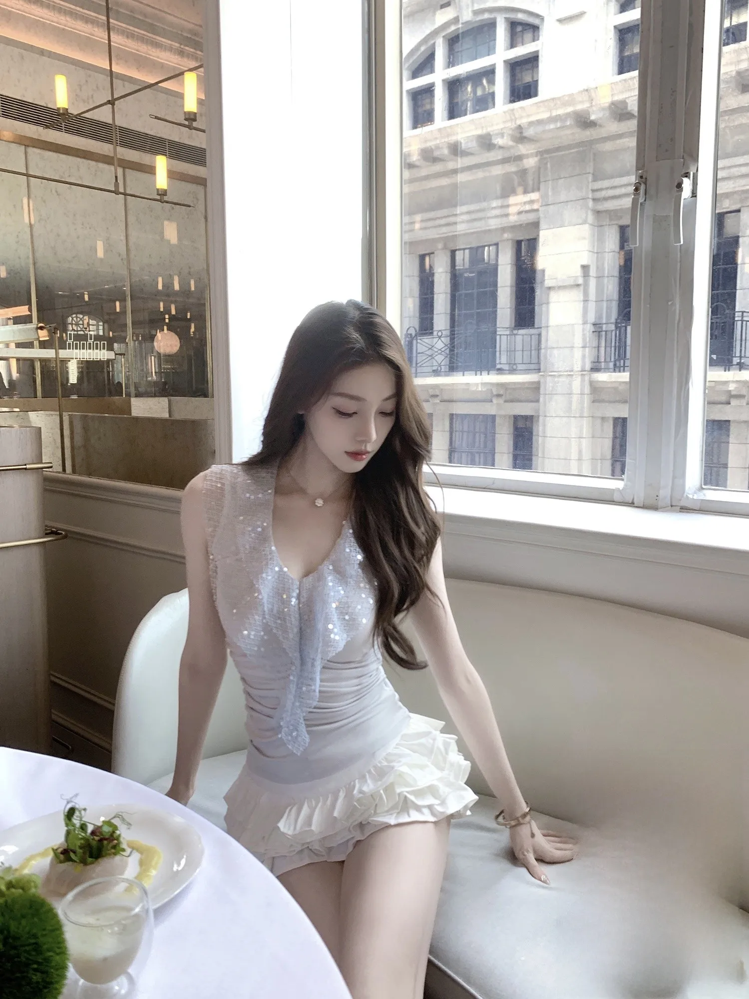 

Kubiliv Sea Blue Foliage двухслойная майка с рюшами и v-Ne iny с блестками и шнурком, женская майка для поездок на работу, однотонная, летняя