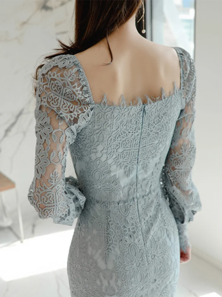 Elegant Party Dress Spring Korean Style Solid Sexy Lace Square Neck Puff Sleeve High Waist Tight Fit Career Office Lady Dress