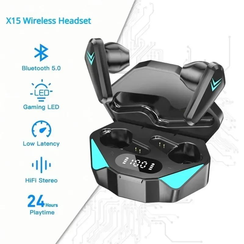 TWS X15 블루투스 이어폰 무선 헤드폰, 저지연 이어버드, 샤오미 화웨이 삼성 Oppo Vivo용 스포츠 게이밍 헤드셋