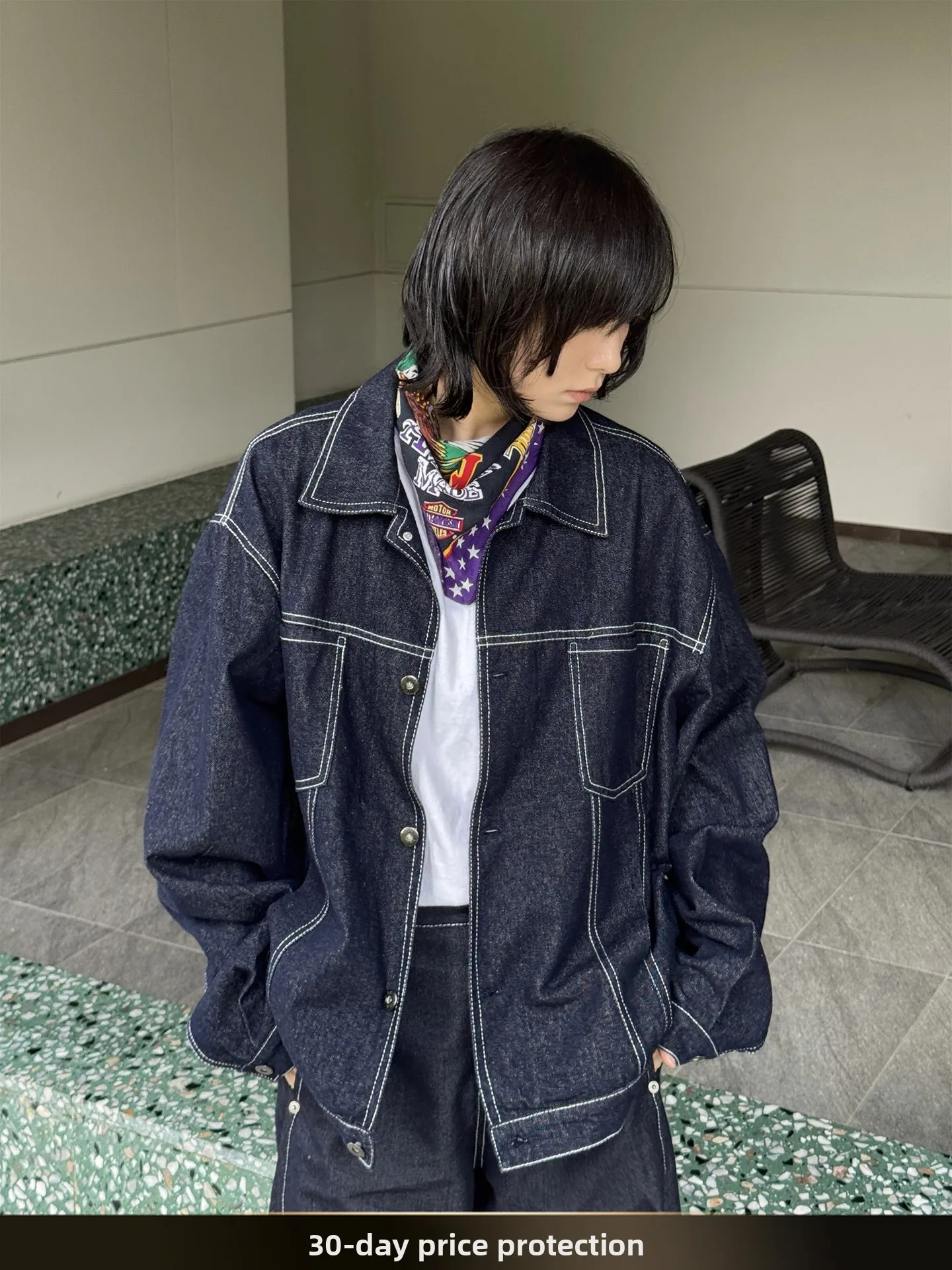 

American Retro Patchwork ort Jeans Jaet Men's Autumn Cleanfit Couple Sle Workwear Jaet Loose Fit Youth Trend Cotton P...