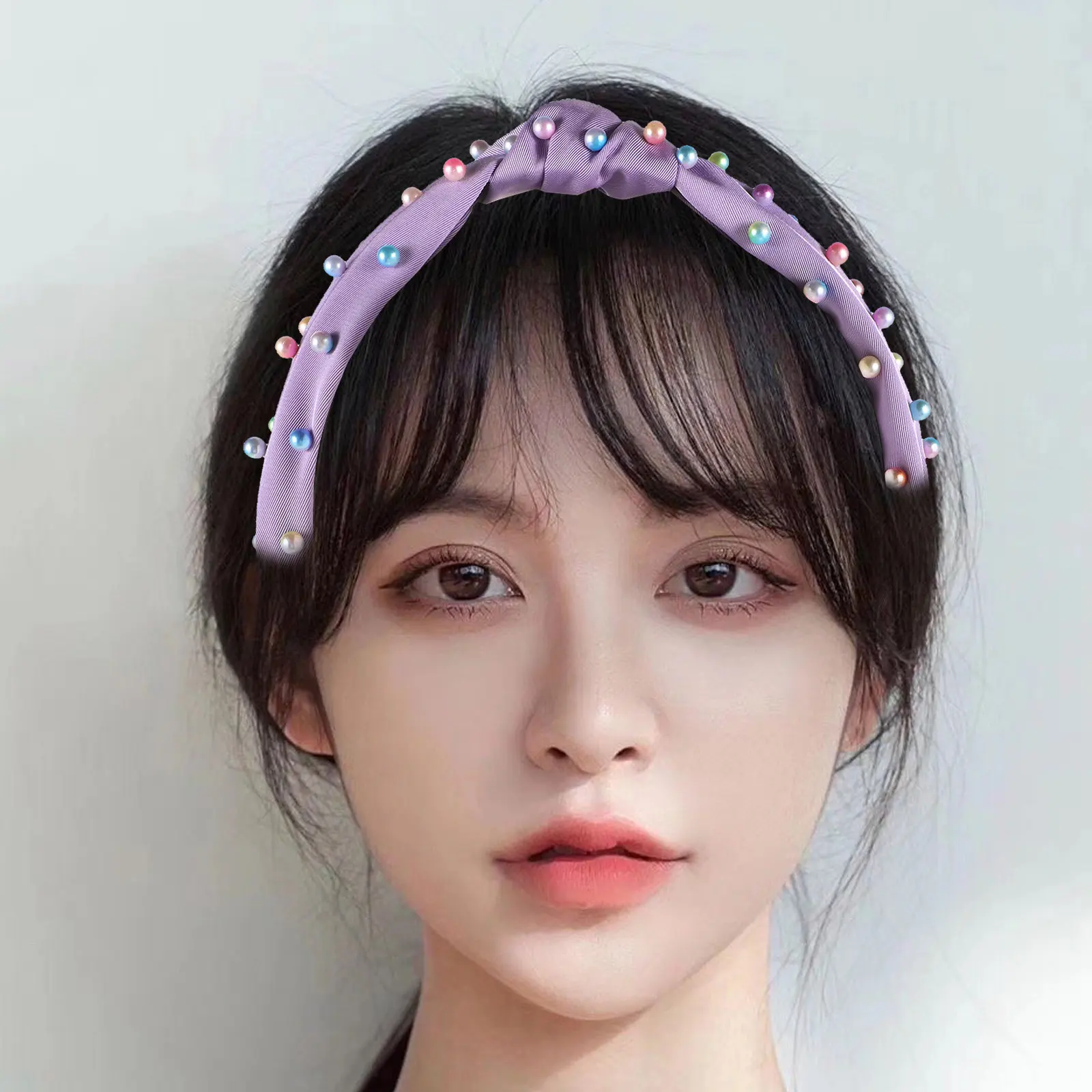 3Pcs Wide Knotted Headband with Colorful Imitation Pearls Soft Stretchy Women Hair Hoop for Curly Hair Dating Casual Elegant